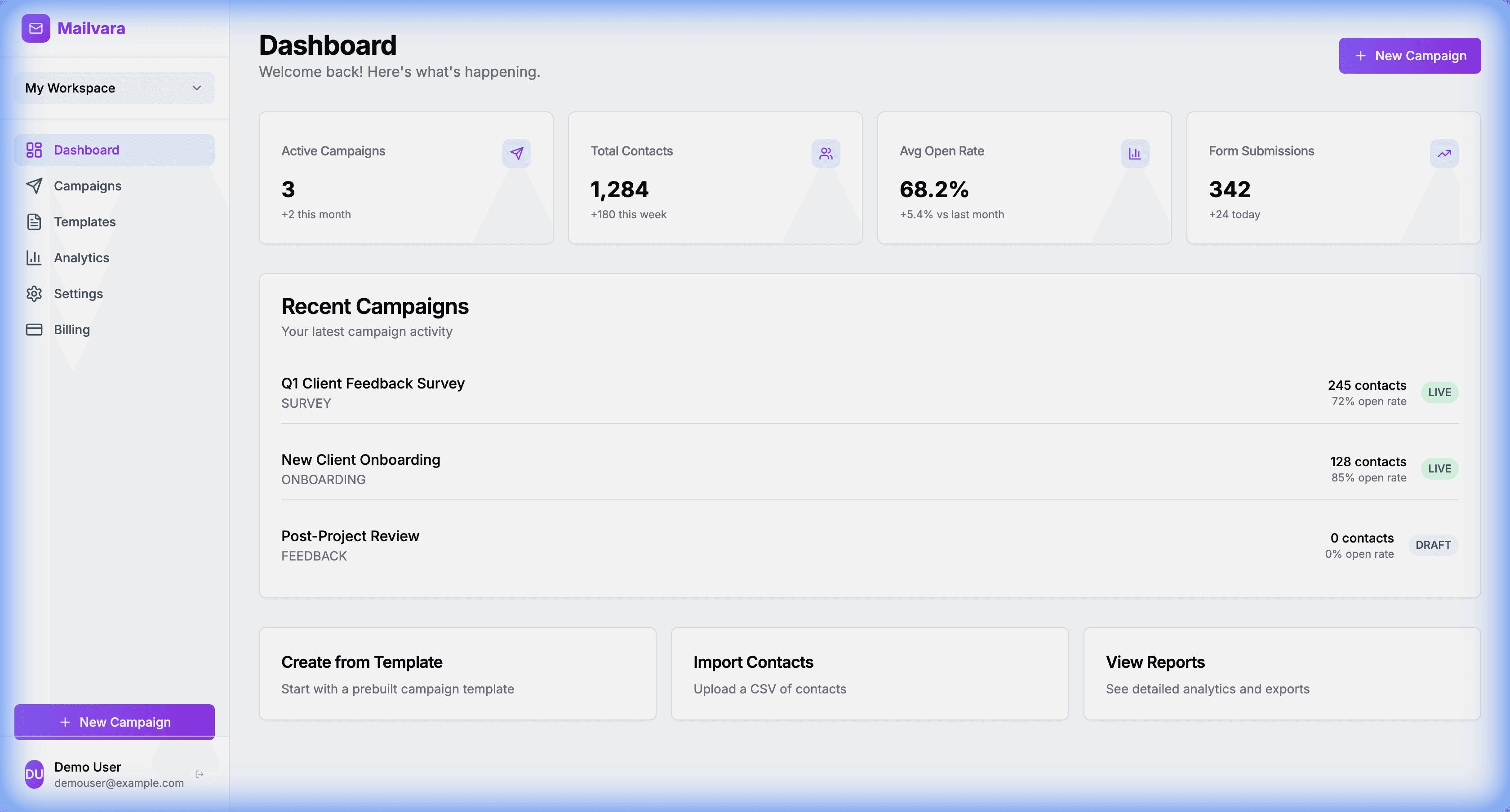 Mailvara Dashboard Interface